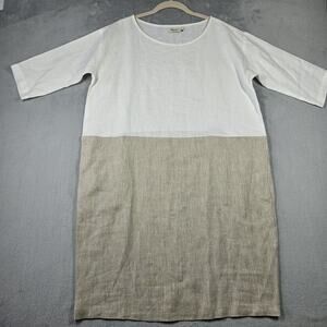 Magic Linen Dress Women Small Colorblock White Beige Shift Pockets Oversized